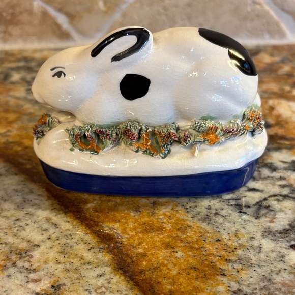 Staffordshire England White and Blue Rabbit Figurine